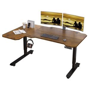 jceet adjustable height l-shaped 59 inch electric standing desk - sit stand computer desk with 3 splice board, lockable casters, stand up desk table for home office, black frame and rustic brown top
