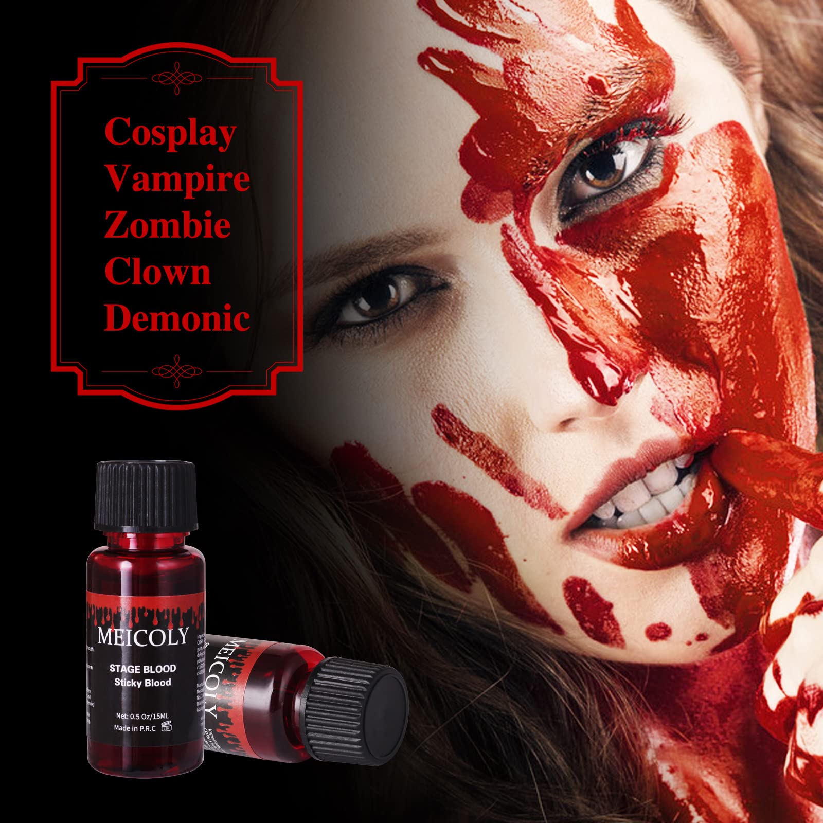 MEICOLY Fake Blood Washable,Edible Stage Blood,0.5 oz Realistic Drips Sticky Fake Blood with Brush,Safe for Mouth,Teeth,Nosebleed,Halloween,Cosplay,Scar,Wound Bites SFX Makeup,Special Effects,Bright