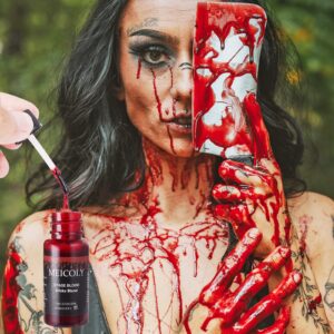 MEICOLY Fake Blood Washable,Edible Stage Blood,0.5 oz Realistic Drips Sticky Fake Blood with Brush,Safe for Mouth,Teeth,Nosebleed,Halloween,Cosplay,Scar,Wound Bites SFX Makeup,Special Effects,Bright