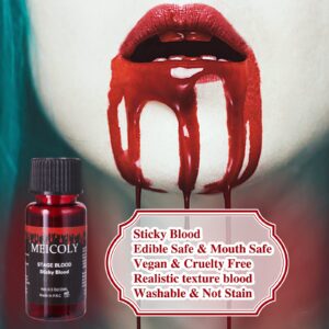 MEICOLY Fake Blood Washable,Edible Stage Blood,0.5 oz Realistic Drips Sticky Fake Blood with Brush,Safe for Mouth,Teeth,Nosebleed,Halloween,Cosplay,Scar,Wound Bites SFX Makeup,Special Effects,Bright