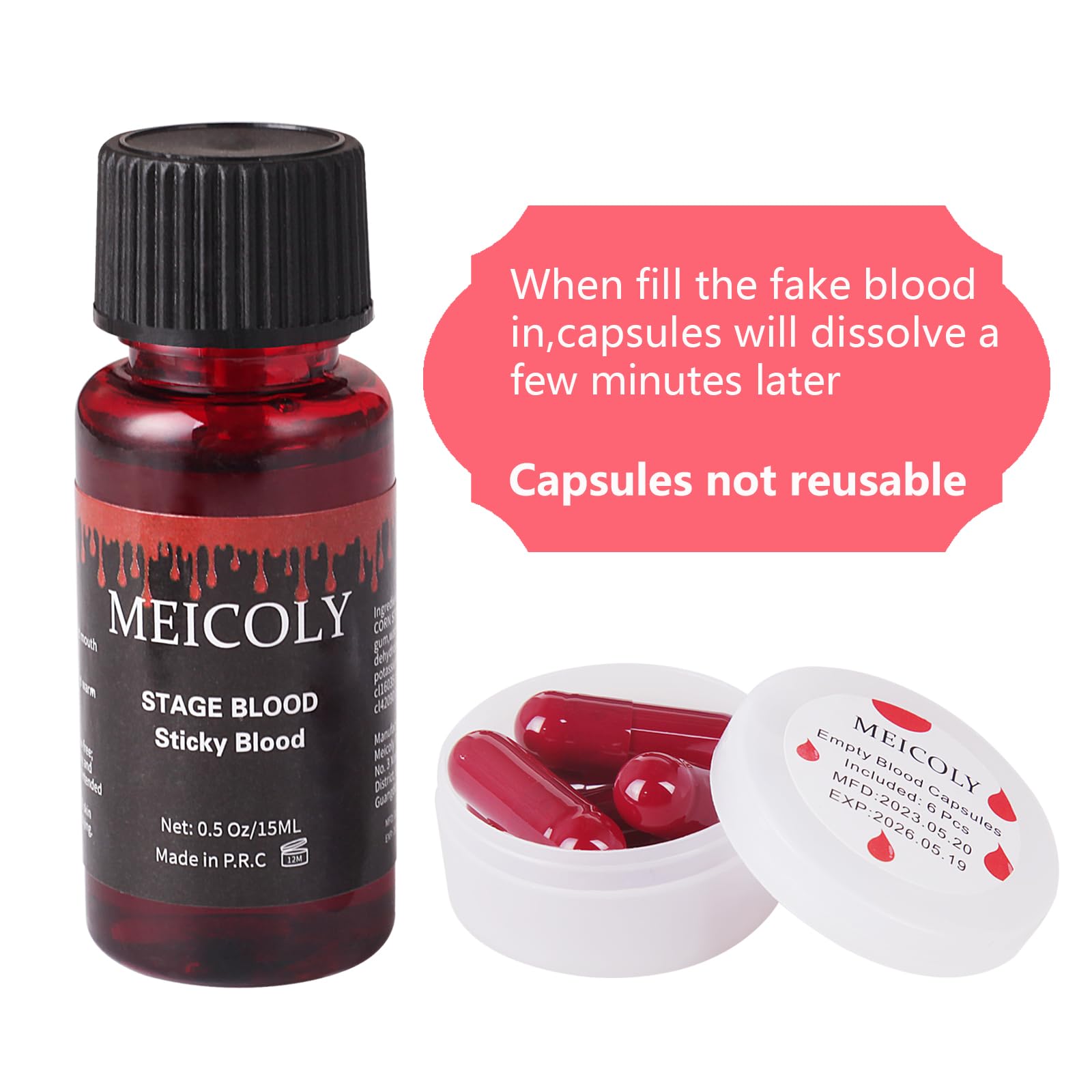 MEICOLY Fake Blood Washable,Edible Stage Blood,0.5 oz Realistic Drips Sticky Fake Blood with Brush,Safe for Mouth,Teeth,Nosebleed,Halloween,Cosplay,Scar,Wound Bites SFX Makeup,Special Effects,Bright
