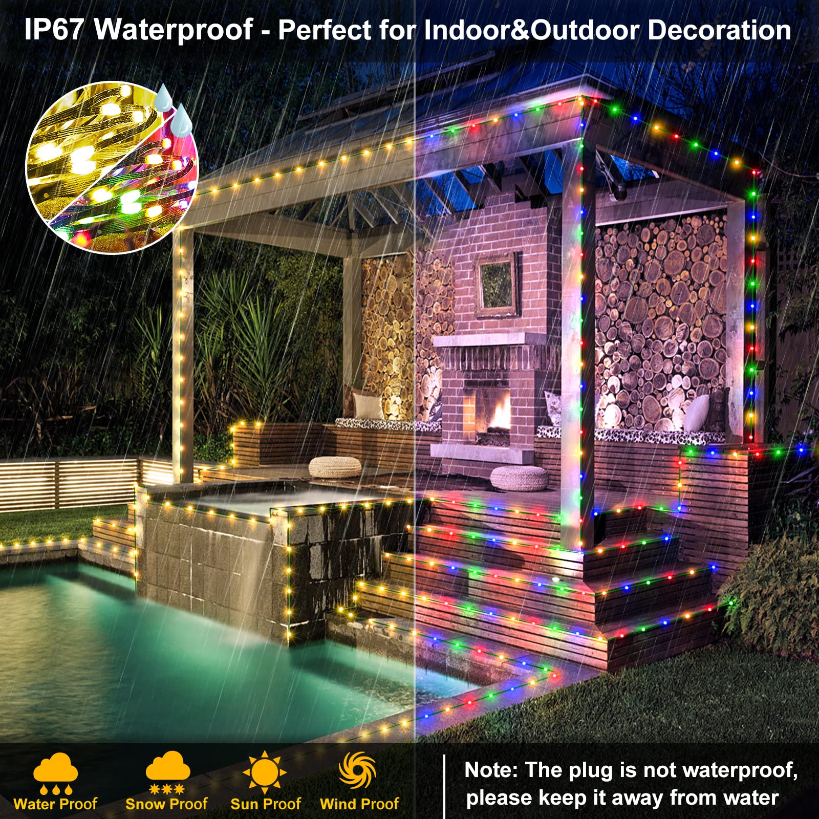 Outdoor String Lights - 328ft 1000 LED Christmas Lights IP67 Waterproof, Plug in 11 Modes Fairy lights Bedroom with Remote for Patio Camping Garden Tree Holiday Party Wedding (WarmWhite to Multicolor)