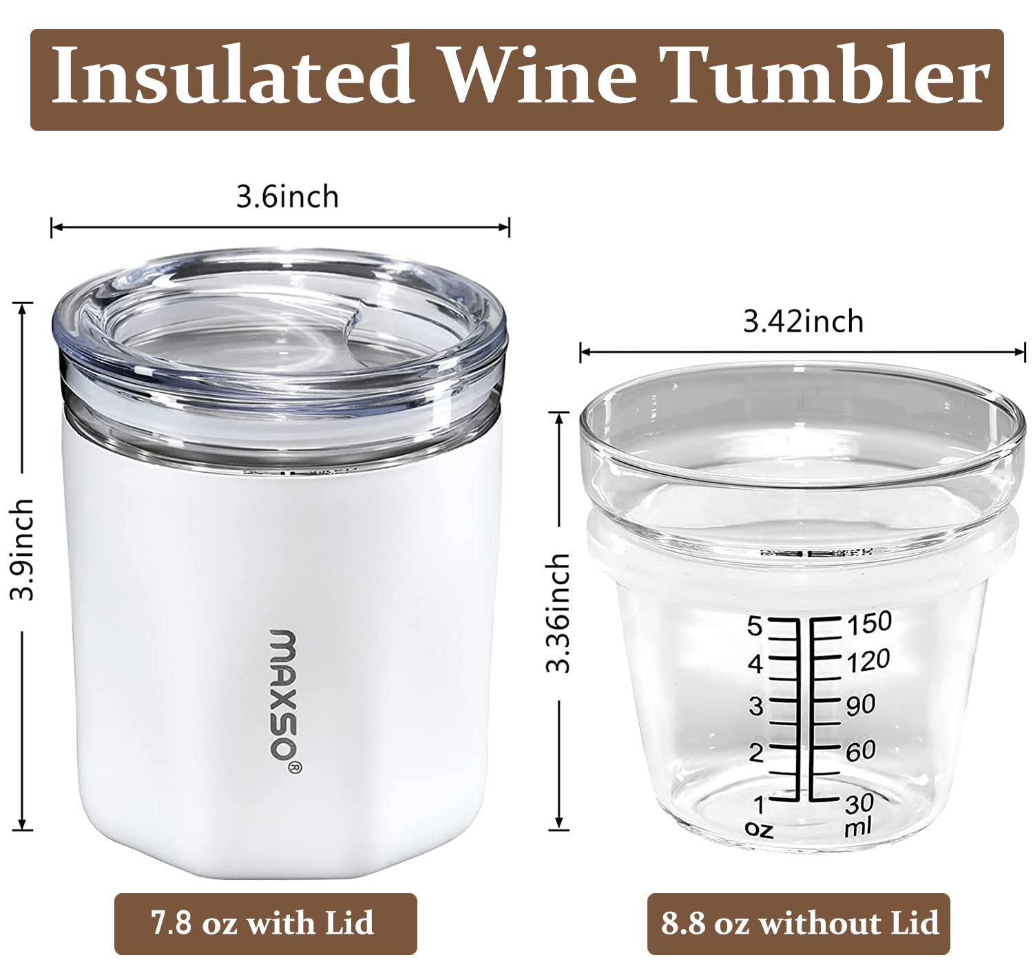 MAXSO Insulated Wine Tumbler with Glass Insert & Sip Lid - Cocktail Whisky Wine Bourbon Gift for Man Woman - 8.8 oz Vacuum Stainless Cup with Stemless Wine Glass Keeps Cold & Hot (White)