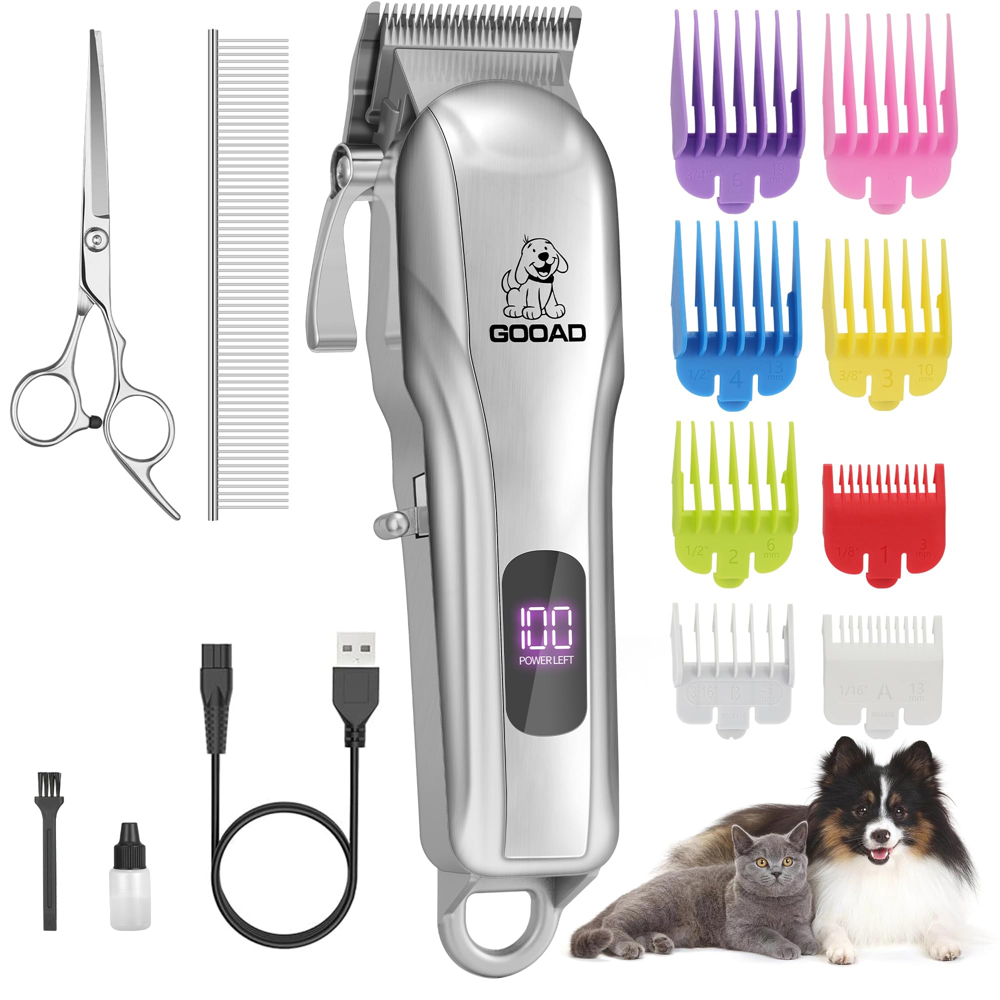 Gooad Dog Clippers for Grooming, Cordless,Low Noise, Electric Quiet,Rechargeable, Pet Hair Clippers for Thick Coats, Dog Trimmer Grooming Kit, Shaver for Small and Large Dogs Cats,Silver