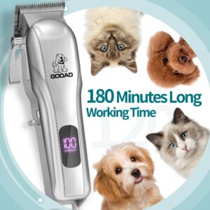 Gooad Dog Clippers for Grooming, Cordless,Low Noise, Electric Quiet,Rechargeable, Pet Hair Clippers for Thick Coats, Dog Trimmer Grooming Kit, Shaver for Small and Large Dogs Cats,Silver