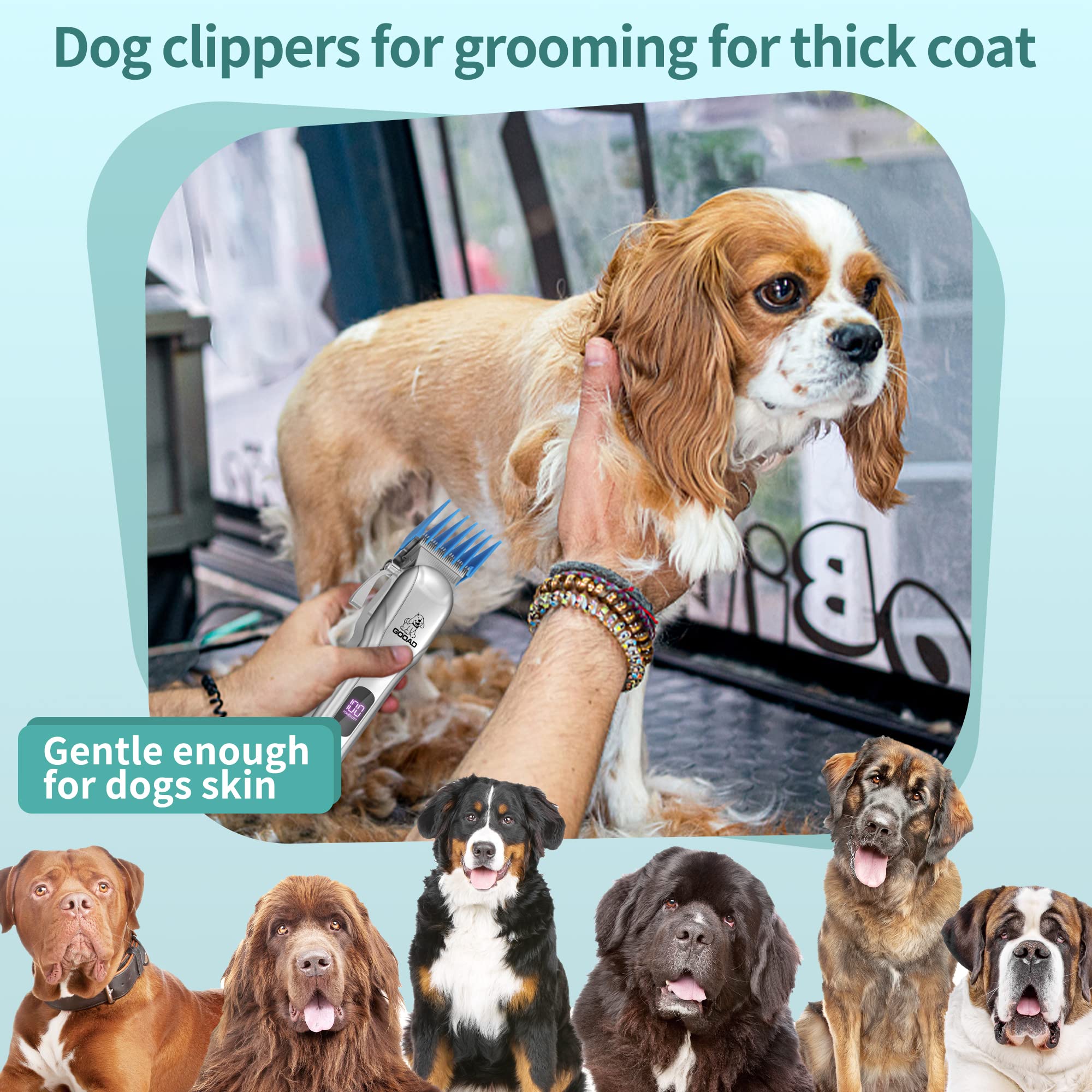 Gooad Dog Clippers for Grooming, Cordless,Low Noise, Electric Quiet,Rechargeable, Pet Hair Clippers for Thick Coats, Dog Trimmer Grooming Kit, Shaver for Small and Large Dogs Cats,Silver