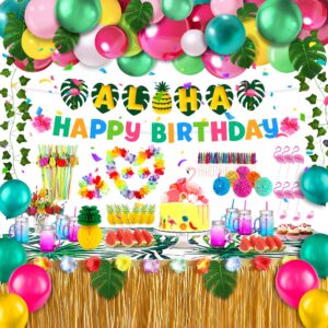 party spot! luau party decorations, hawaiian party decorations, tropical party decorations - aloha banner, happy birthday banner, table skirt, table covers, balloons,topper, leaves, drinking straws
