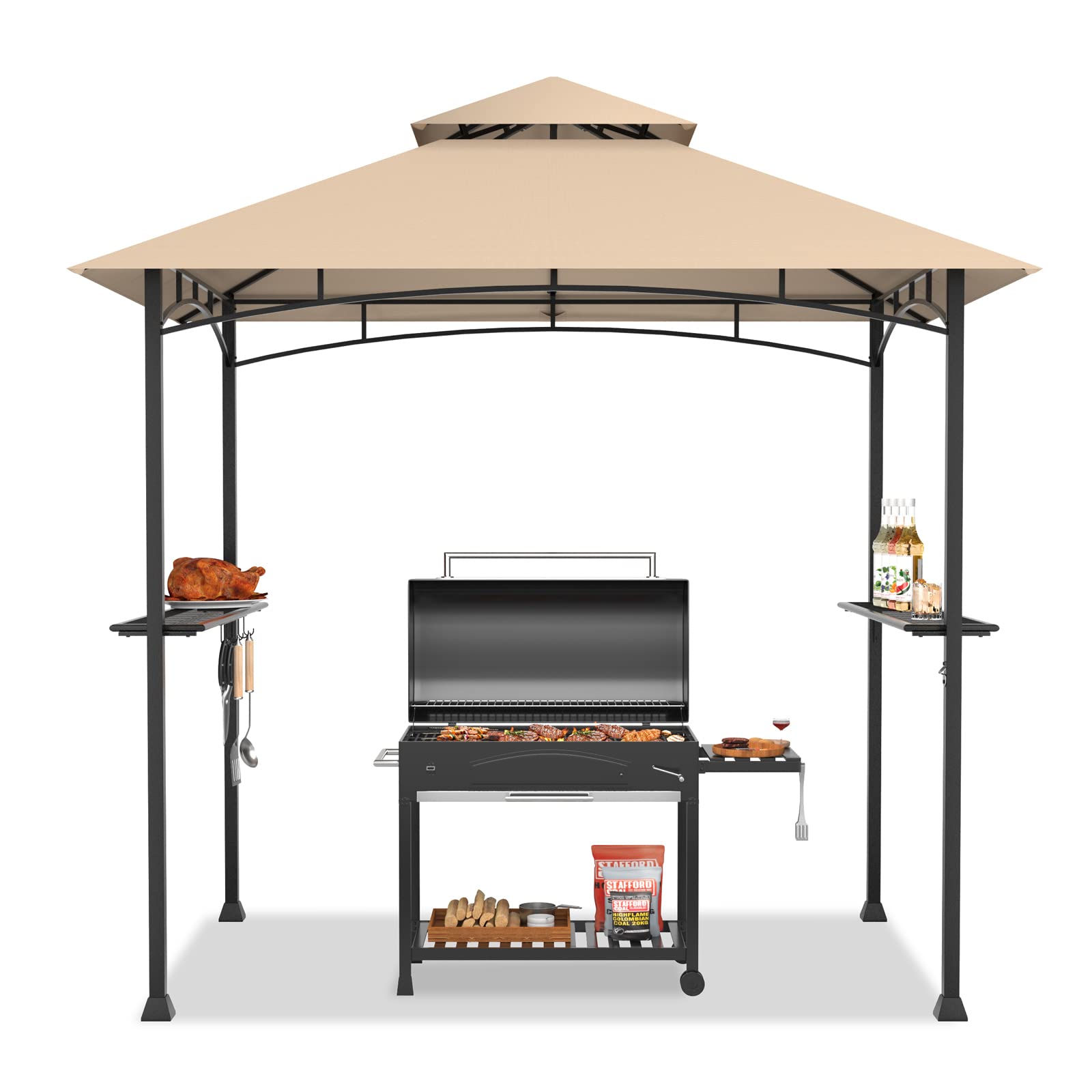 Tangkula 8x5 Ft Grill Gazebo, Double Tiered Outdoor BBQ Gazebo with 2 Side Shelves, 5 Hooks, Bottle Opener, Barbecue Grill Gazebo Shelter for Patio, Garden, Beach, Backyard (Khaki)