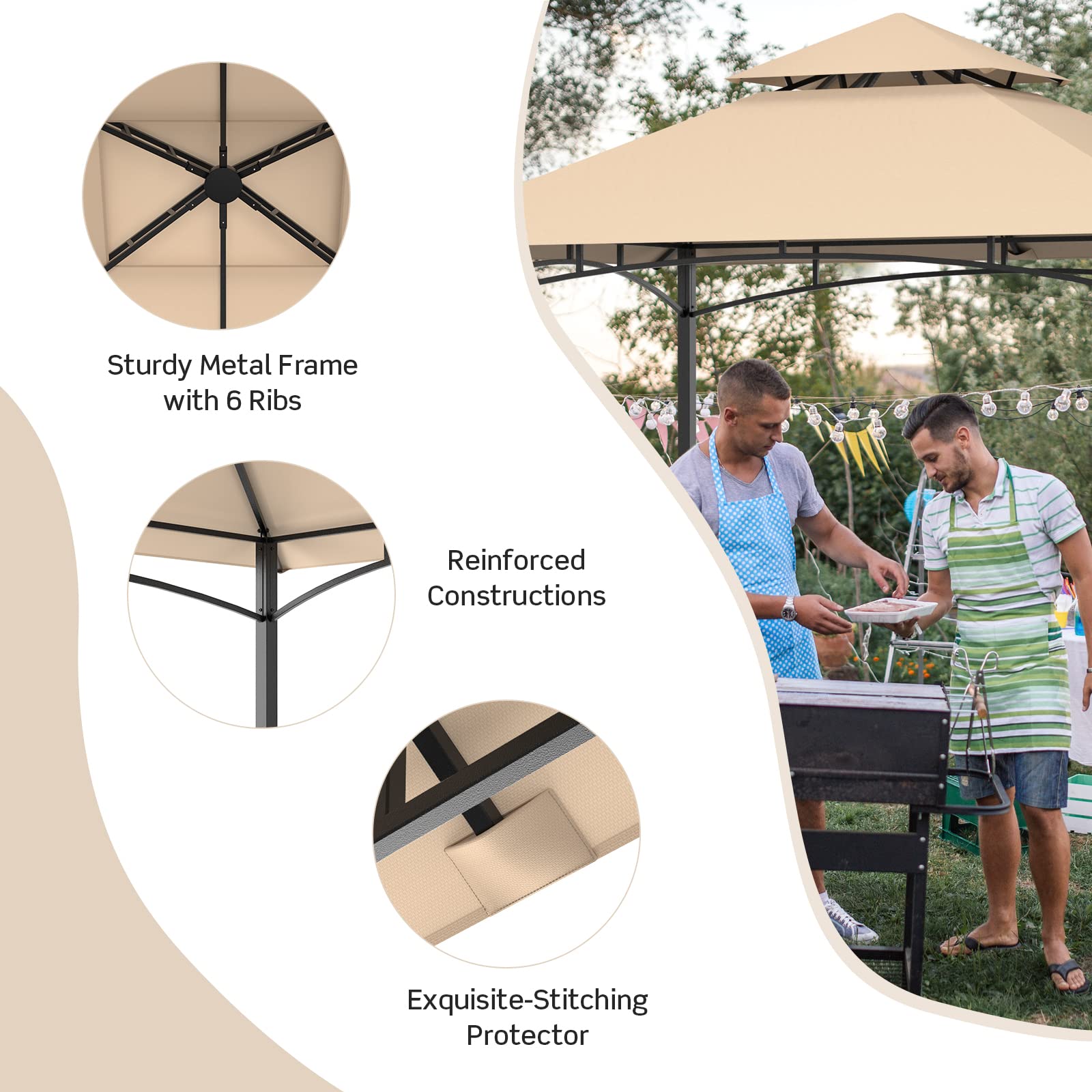 Tangkula 8x5 Ft Grill Gazebo, Double Tiered Outdoor BBQ Gazebo with 2 Side Shelves, 5 Hooks, Bottle Opener, Barbecue Grill Gazebo Shelter for Patio, Garden, Beach, Backyard (Khaki)