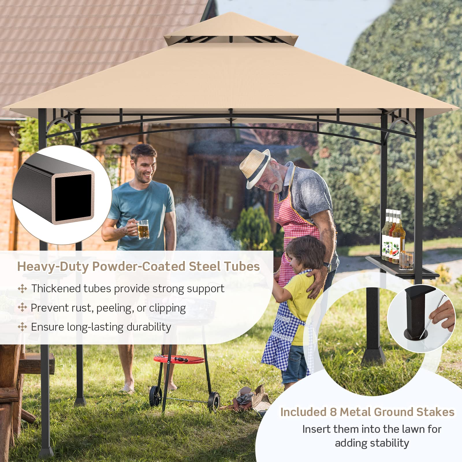 Tangkula 8x5 Ft Grill Gazebo, Double Tiered Outdoor BBQ Gazebo with 2 Side Shelves, 5 Hooks, Bottle Opener, Barbecue Grill Gazebo Shelter for Patio, Garden, Beach, Backyard (Khaki)