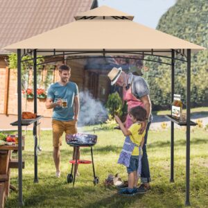 Tangkula 8x5 Ft Grill Gazebo, Double Tiered Outdoor BBQ Gazebo with 2 Side Shelves, 5 Hooks, Bottle Opener, Barbecue Grill Gazebo Shelter for Patio, Garden, Beach, Backyard (Khaki)