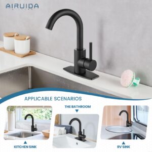 Airuida Matte Black Bar Sink Faucet Single Hole Single Handle Bathroom Sink Faucet Kitchen Small Prep Wet Farmhouse RV Lavatory Vanity Mixer Tap 360 Degree Swivel Spout with Pop Up Drain