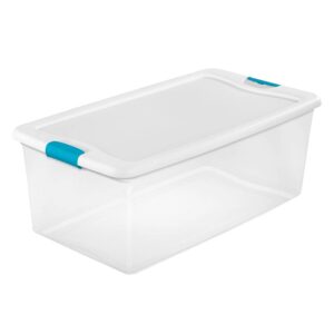sterilite storage system solution with 106 quart clear stackable storage box organization containers with white latching lid, 20 pack