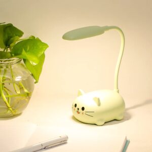 cute kawaii desk lamp with usb charging port for teen girls bedroom room cartoon cat foldable table lamp rechargeable led light for studying reading protect eyesight school supplies (green cat)