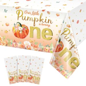 3pcs fall floral little pumpkin baby shower tablecloths,plastic our little pumpkin is turning one table cover for autumn thanksgiving glitter flower baby shower decoration and supplies,54x148 inches