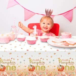 3Pcs Fall Floral Little Pumpkin Baby Shower Tablecloths,Plastic Our Little Pumpkin is Turning One Table Cover for Autumn Thanksgiving Glitter Flower Baby Shower Decoration and Supplies,54X148 inches