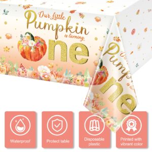 3Pcs Fall Floral Little Pumpkin Baby Shower Tablecloths,Plastic Our Little Pumpkin is Turning One Table Cover for Autumn Thanksgiving Glitter Flower Baby Shower Decoration and Supplies,54X148 inches