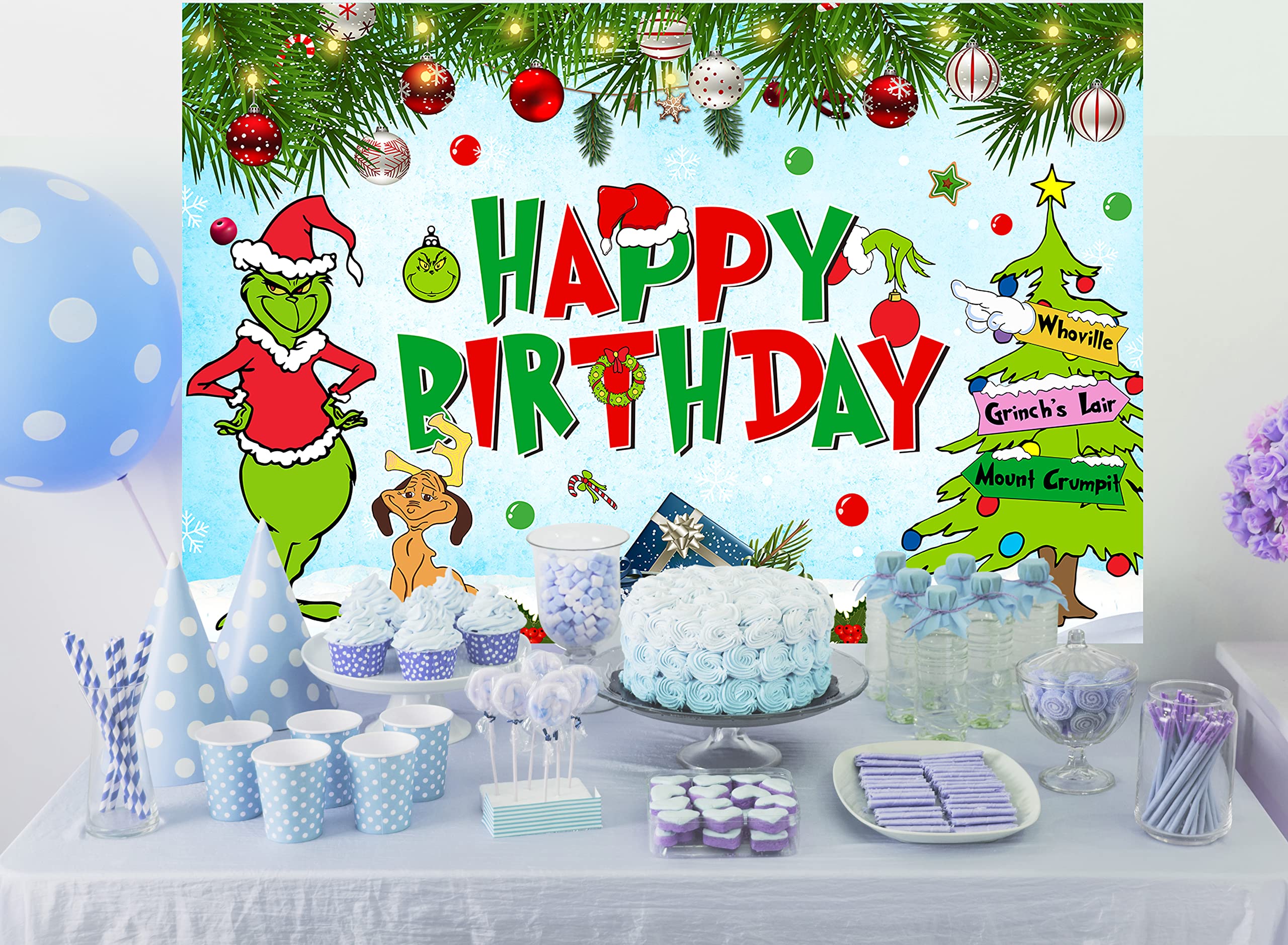 Christmas Birthday Party Decorations, 5x3 Ft Happy Birthday Backdrop for Kid Party Supplies Happy Birthday Banner Cartoon Themed Party Decorations Photography Background