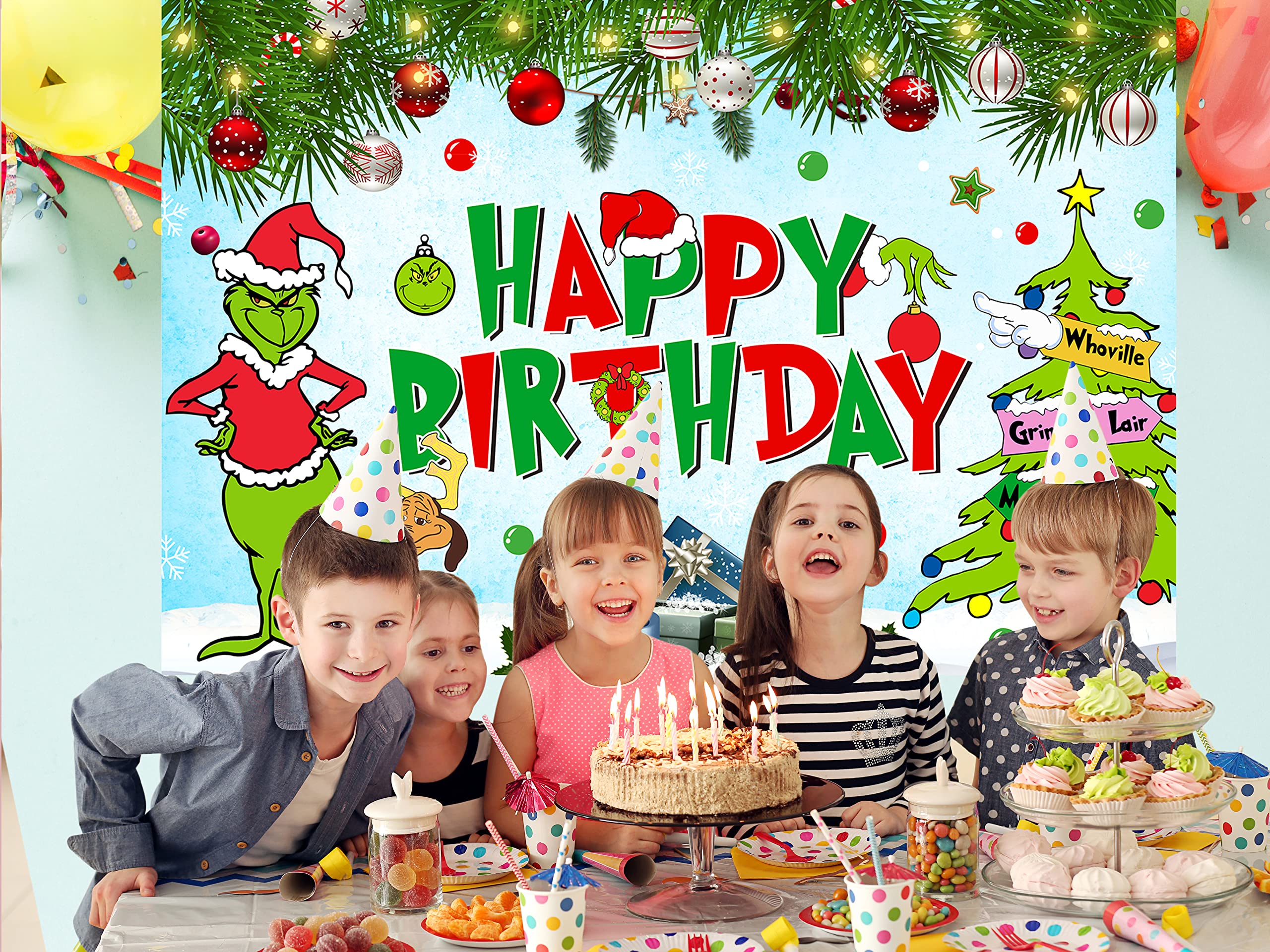 Christmas Birthday Party Decorations, 5x3 Ft Happy Birthday Backdrop for Kid Party Supplies Happy Birthday Banner Cartoon Themed Party Decorations Photography Background