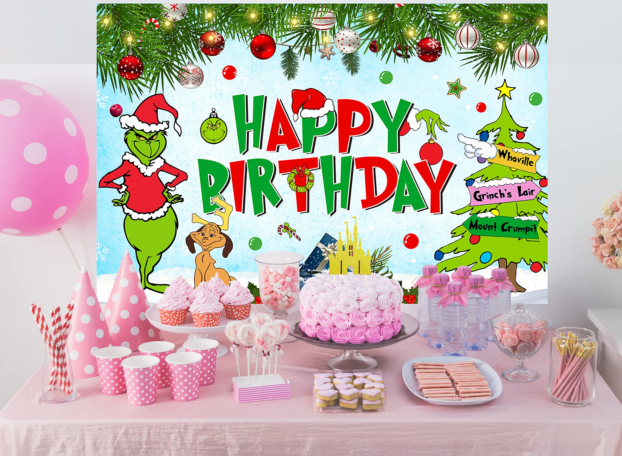 Christmas Birthday Party Decorations, 5x3 Ft Happy Birthday Backdrop for Kid Party Supplies Happy Birthday Banner Cartoon Themed Party Decorations Photography Background