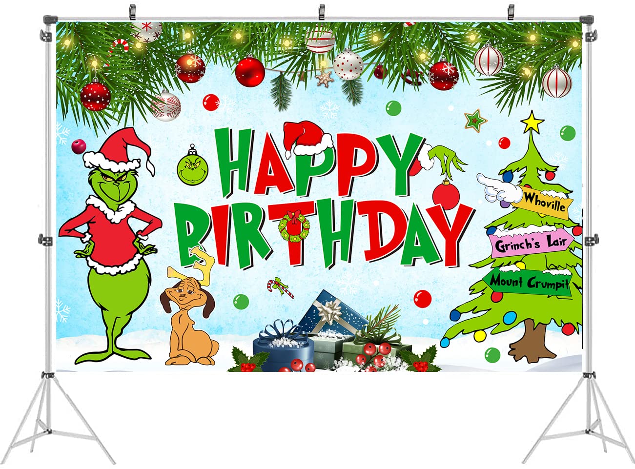 Christmas Birthday Party Decorations, 5x3 Ft Happy Birthday Backdrop for Kid Party Supplies Happy Birthday Banner Cartoon Themed Party Decorations Photography Background