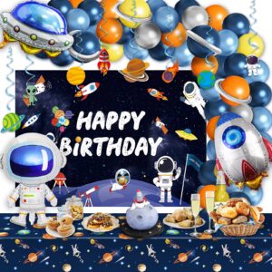 outer space birthday decorations, space themed party supplies, include solar system balloon arch kit, inflatable rocket astronaut spaceship balloons, galaxy tablecloth, planet swirl, backdrop