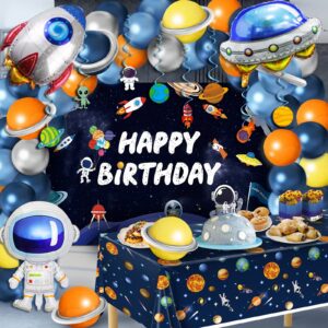 Outer Space Birthday Decorations, Space Themed Party Supplies, Include Solar System Balloon Arch Kit, Inflatable Rocket Astronaut Spaceship Balloons, Galaxy Tablecloth, Planet Swirl, Backdrop