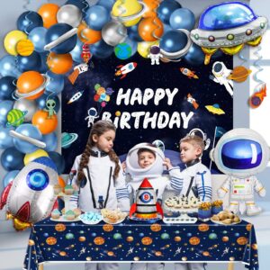 Outer Space Birthday Decorations, Space Themed Party Supplies, Include Solar System Balloon Arch Kit, Inflatable Rocket Astronaut Spaceship Balloons, Galaxy Tablecloth, Planet Swirl, Backdrop