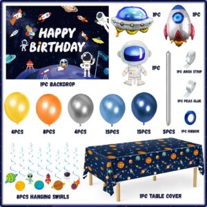 Outer Space Birthday Decorations, Space Themed Party Supplies, Include Solar System Balloon Arch Kit, Inflatable Rocket Astronaut Spaceship Balloons, Galaxy Tablecloth, Planet Swirl, Backdrop