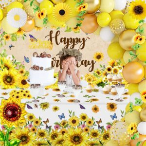 Sunflower Birthday Party Decoration Pack, 111 Pcs Baby Shower Party Supplies Wedding Decors (including Sunflower Backdrop, Tablecloth, Artificial Sunflowers and A Garland, Cake Topper, Balloon