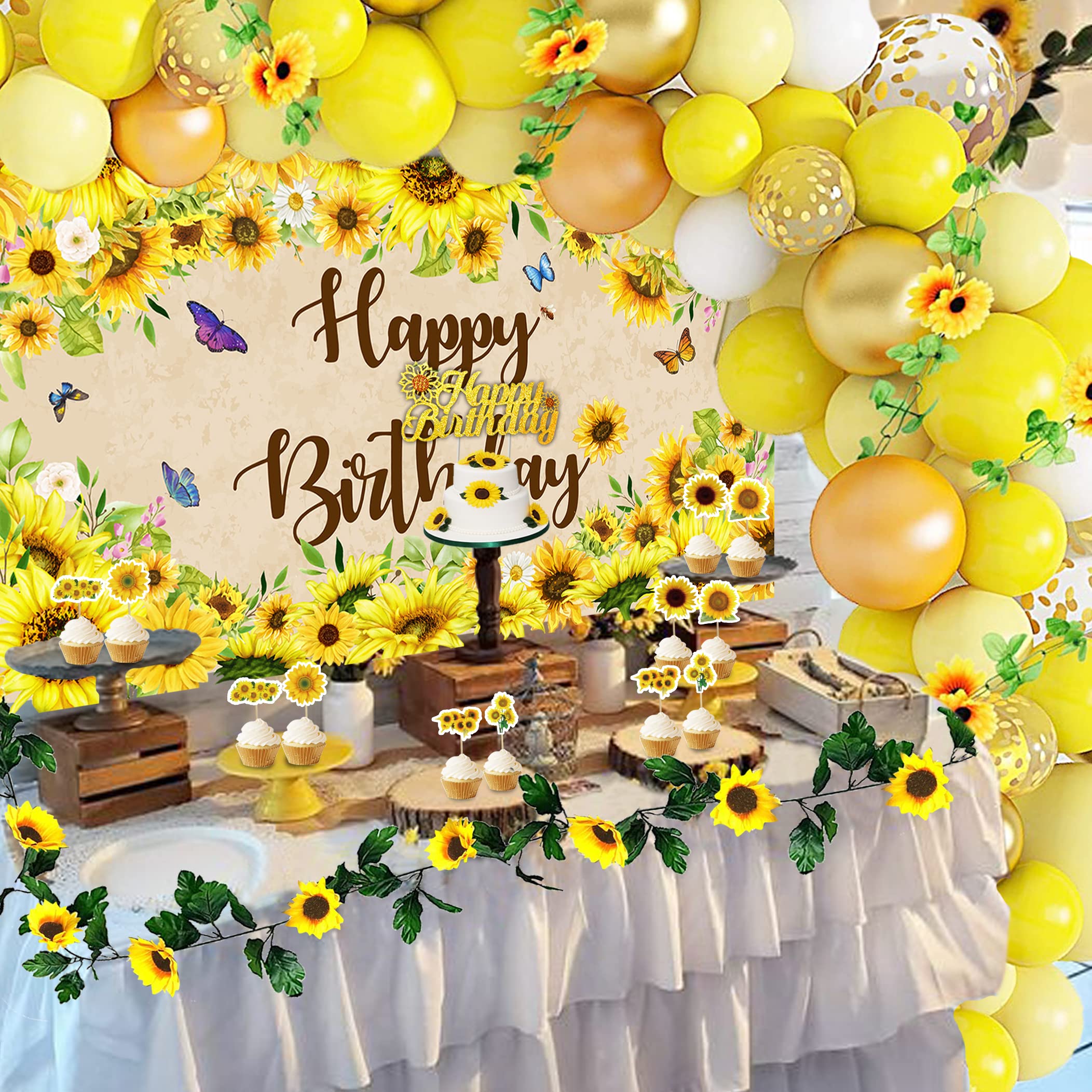 Sunflower Birthday Party Decoration Pack, 111 Pcs Baby Shower Party Supplies Wedding Decors (including Sunflower Backdrop, Tablecloth, Artificial Sunflowers and A Garland, Cake Topper, Balloon