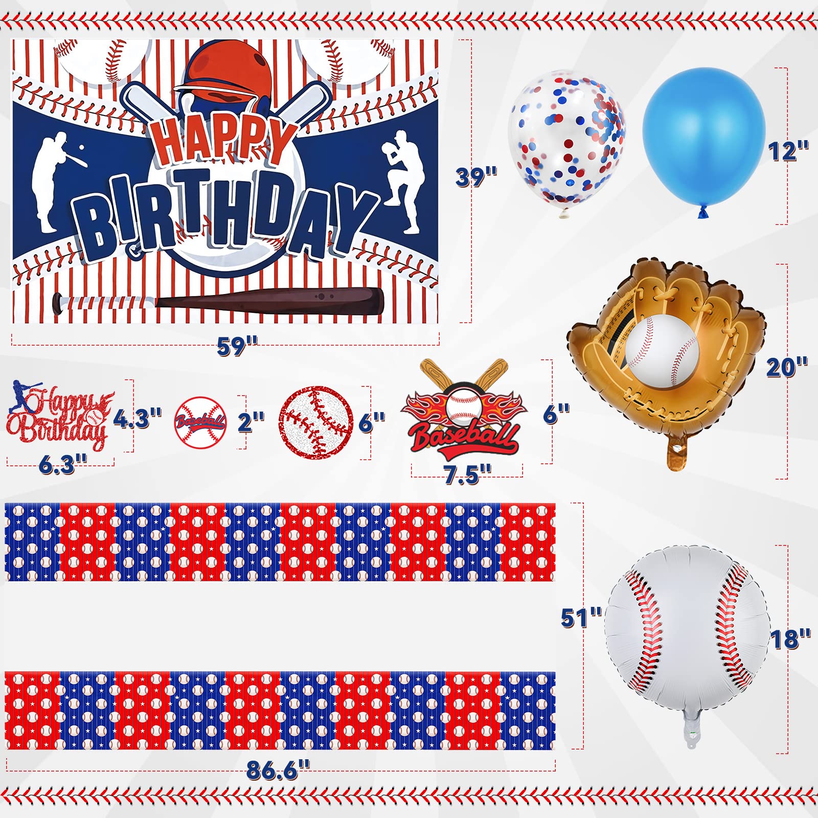 Baseball Party Decorations, Baseball Birthday Party Supplies Kit, Include Sport Themed Birthday Backdrop, Happy Birthday Banners, Tabelcloth, Baseball Balloons, Cake&Cupcake Toppers