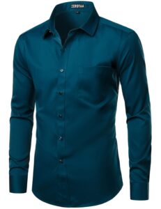 zeroyaa men's business formal slim fit long sleeve button up dress shirts with pocket zysgcl01-teal large
