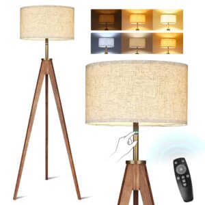 elyona tripod floor lamp with remote for bedroom, solid ash wood, stepless dimmer & color temperature led bulb included, mid century modern touch control standing light for living room, brown