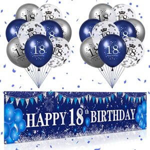 blue 18th birthday decorations for boys girls, navy blue silver happy 18th birthday banner and 18th birthday balloons for 18th birthday anniversary party supplies, eighteen year old party decorations