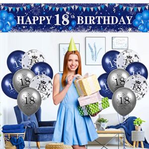 Blue 18th Birthday Decorations for Boys Girls, Navy Blue Silver Happy 18th Birthday Banner and 18th Birthday Balloons for 18th Birthday Anniversary Party Supplies, Eighteen Year Old Party Decorations