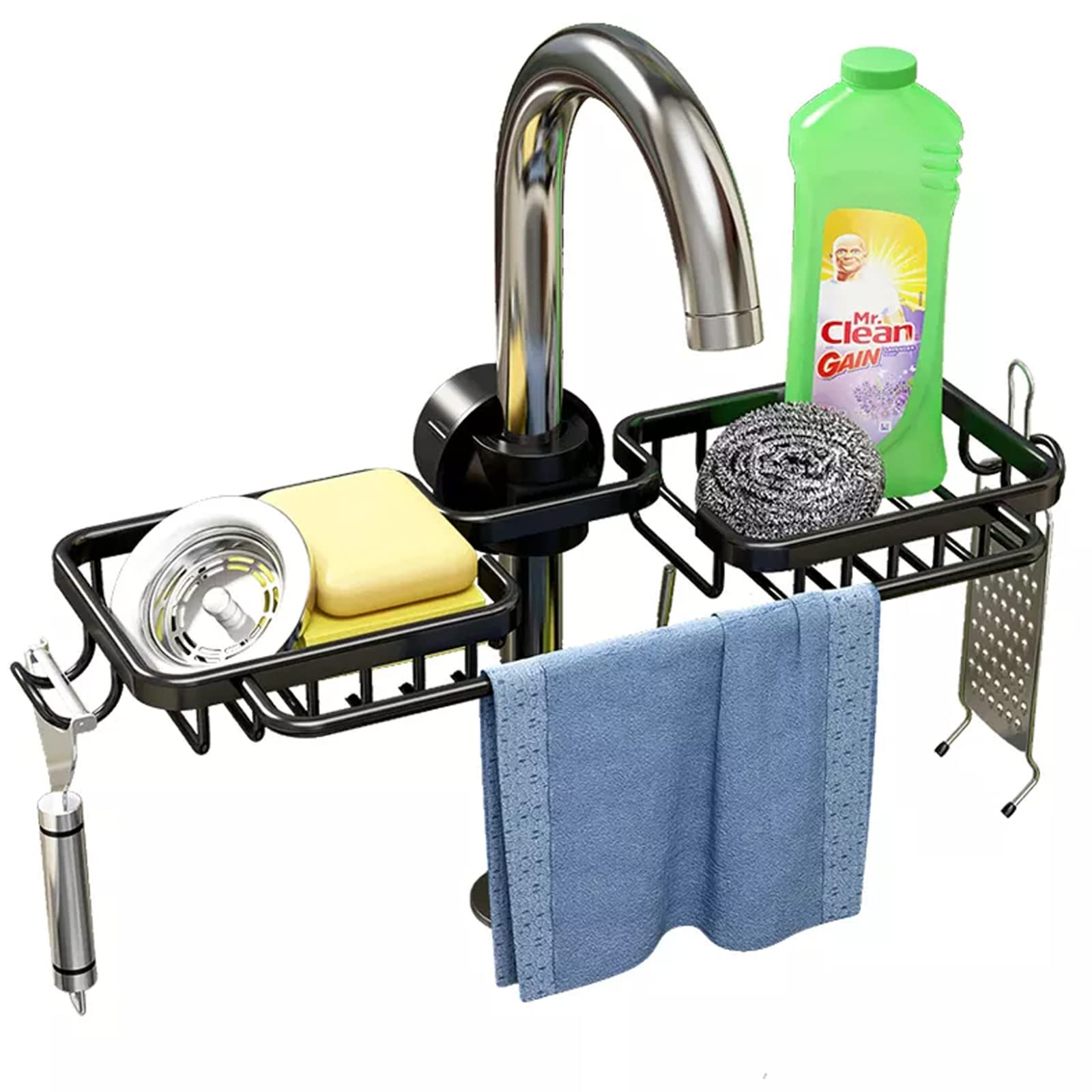 SIMCAS Faucet Sponge Holder Kitchen Sink Caddy, Over The Sink Shelf Drain Rack for Sink Organizer & Storage, Stainless Kitchen Sink Accessory for soap, Peeler,Brush (Double with Dishcloth Rack,Black)