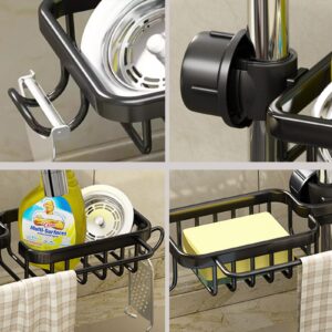 SIMCAS Faucet Sponge Holder Kitchen Sink Caddy, Over The Sink Shelf Drain Rack for Sink Organizer & Storage, Stainless Kitchen Sink Accessory for soap, Peeler,Brush (Double with Dishcloth Rack,Black)