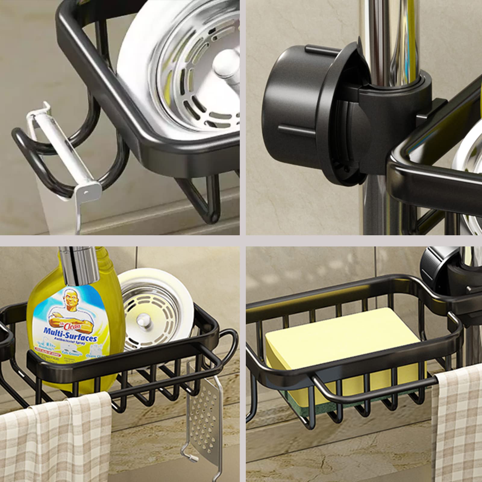 SIMCAS Faucet Sponge Holder Kitchen Sink Caddy, Over The Sink Shelf Drain Rack for Sink Organizer & Storage, Stainless Kitchen Sink Accessory for soap, Peeler,Brush (Double with Dishcloth Rack,Black)