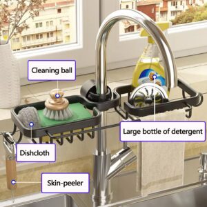 SIMCAS Faucet Sponge Holder Kitchen Sink Caddy, Over The Sink Shelf Drain Rack for Sink Organizer & Storage, Stainless Kitchen Sink Accessory for soap, Peeler,Brush (Double with Dishcloth Rack,Black)