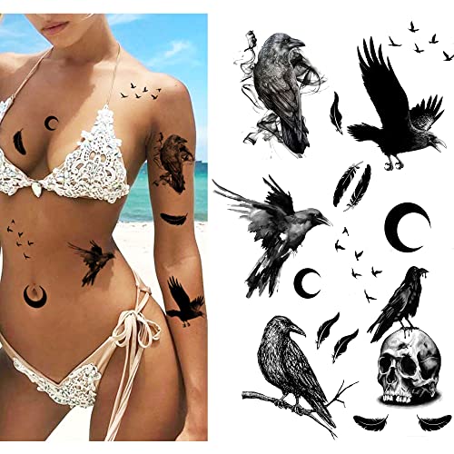 Dopetattoo 6 Sheets Dopetattoo Temporary Tattoos Raven Tattoo Crow Tattoo Temporary Tattoo Fake Neck Tattoo Fake Crow Tattoo Fake Hand Tattoos Black Raven Tattoo Arm Chest for Women Men Adults