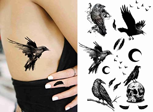 Dopetattoo 6 Sheets Dopetattoo Temporary Tattoos Raven Tattoo Crow Tattoo Temporary Tattoo Fake Neck Tattoo Fake Crow Tattoo Fake Hand Tattoos Black Raven Tattoo Arm Chest for Women Men Adults