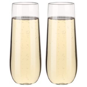 hotder 2pack 100% tritan plastic champagne flutes,12 oz stemless unbreakable clear plastic toasting glasses,shatterproof recyclable and bpa-free