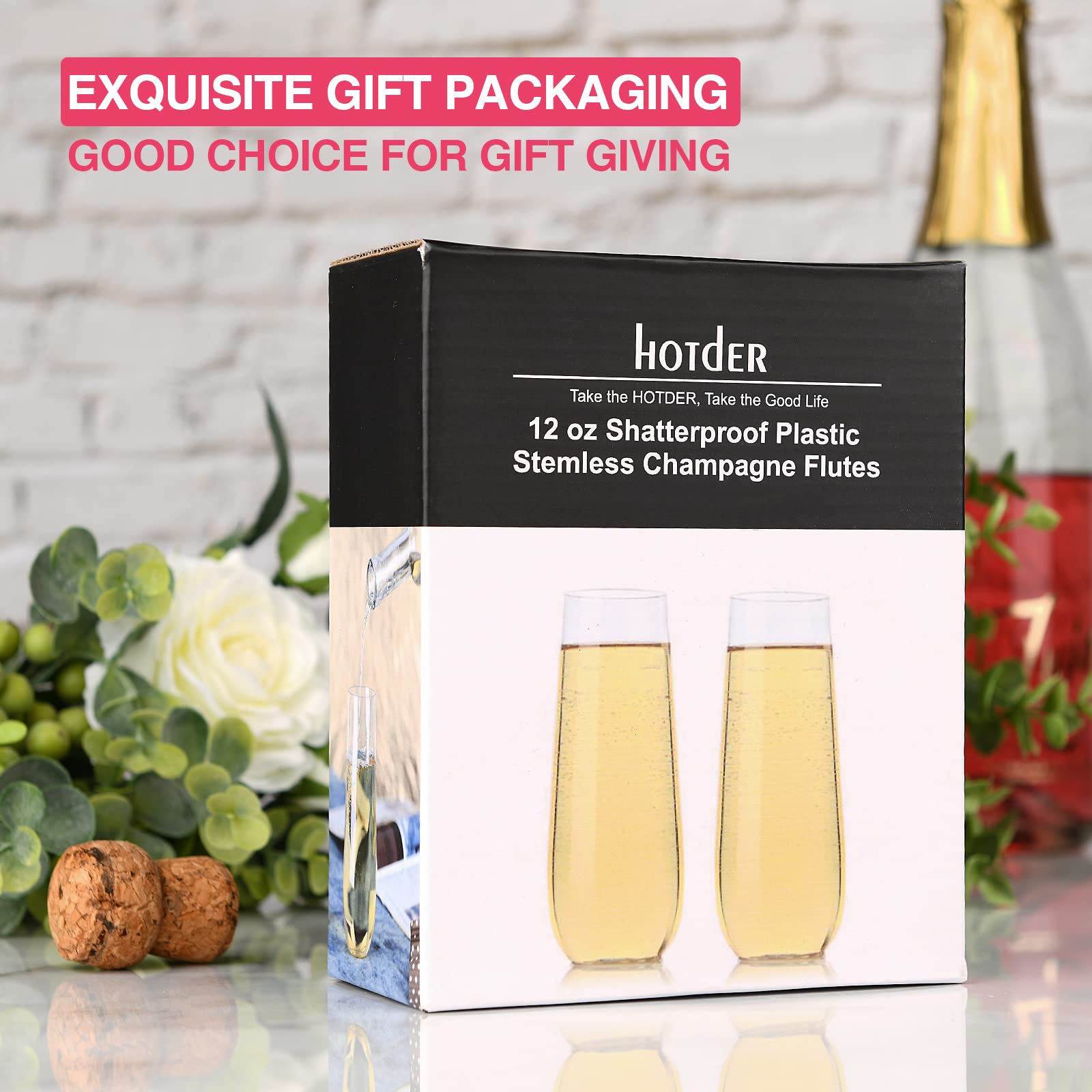 hotder 2Pack 100% Tritan Plastic Champagne Flutes,12 Oz Stemless Unbreakable Clear Plastic Toasting Glasses,Shatterproof Recyclable and BPA-Free