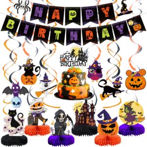 halloween birthday party decorations halloween decorations banner indoor, halloween honeycomb table centerpieces with hanging swirls and cake topper,halloween birthday decorations for home(49pcs)