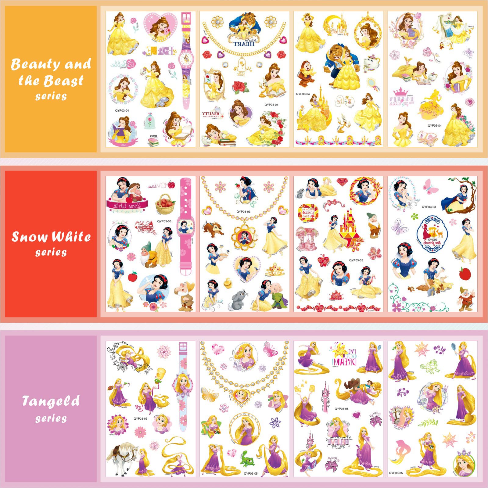 Princess Tattoos Kids, ACSAUMMY 40 Sheet Cartoon Tattoos Party Favor Set for Girls Boys 9 Cute Princess Series Temporary Tattoo Stickers Mickey Mouse Tattoo Stickers for Kids Party Decor Supply