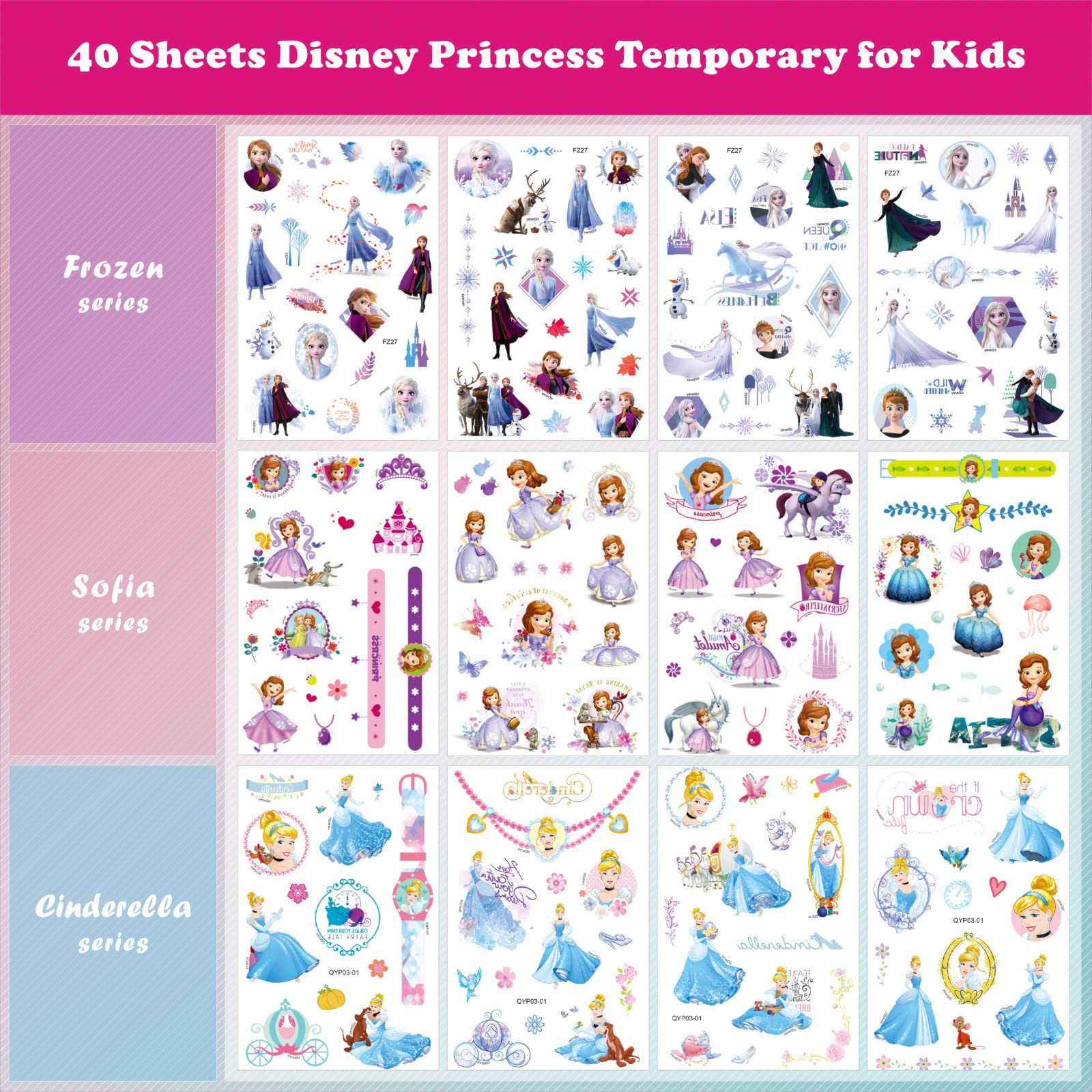 Princess Tattoos Kids, ACSAUMMY 40 Sheet Cartoon Tattoos Party Favor Set for Girls Boys 9 Cute Princess Series Temporary Tattoo Stickers Mickey Mouse Tattoo Stickers for Kids Party Decor Supply