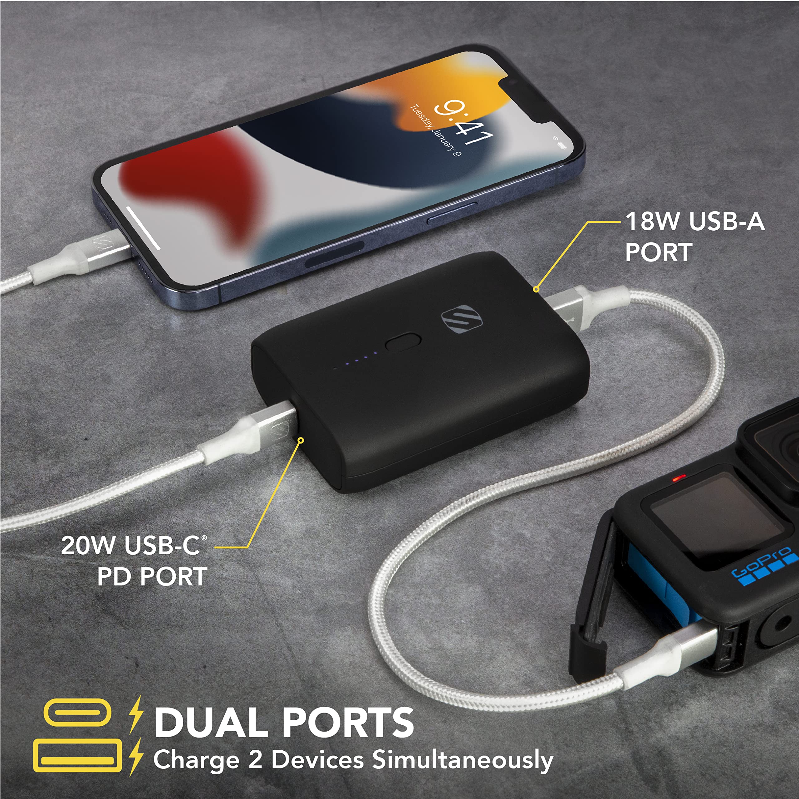 Scosche PB10PD-SP GoBat 10000mAh Compact Dual Port Cell Phone Battery Pack, 20W USB-C Power Delivery Fast Charger & 18W USB-A Portable Power Bank, External Battery Compatible w/ Apple iPhone & Android