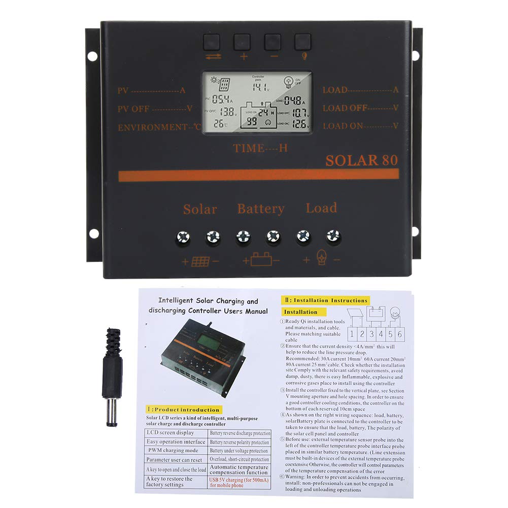 12V 24V Auto 80A Solar , Energy Controllers Solar Wind Power Controller Solar Panel Battery Intelligent Regulator LCD Display Solar Panel Controller with USB 5V Charging Interface