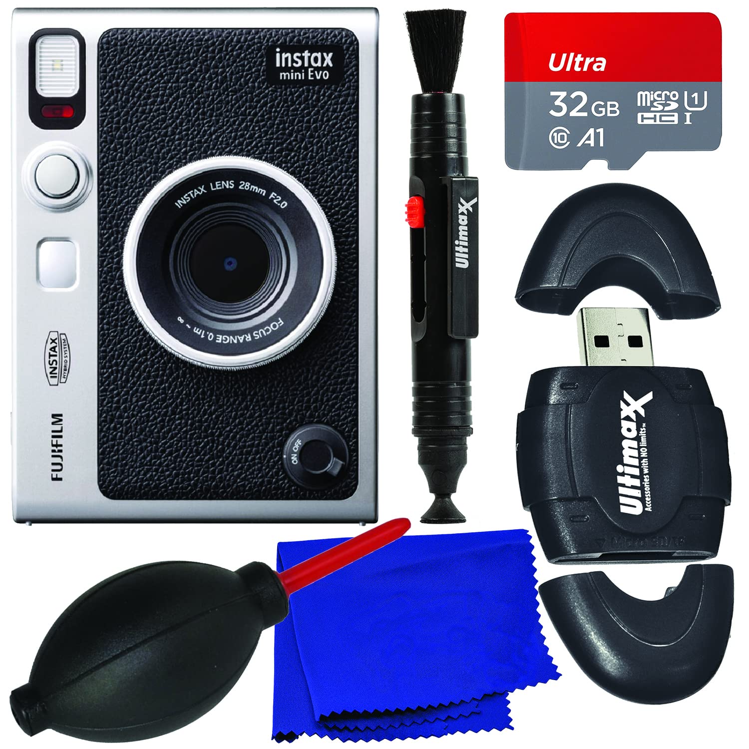 Ultimaxx Starter Bundle + FUJIFILM INSTAX Mini EVO Hybrid Instant Camera + SanDisk 32GB Ultra microSD Memory Card, High Speed Memory Card Reader, Manufacturer’s Accessories & More (8pc Bundle)